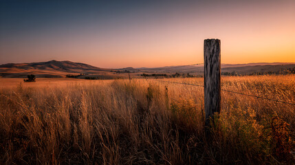 Lone post standing in golden wheatfield during sunset glow