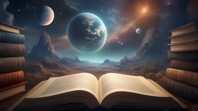 Open book with stacks of old books in otherworldly desert landscape and cosmic sky full of stars and planets