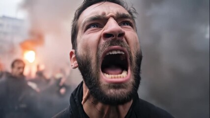 An angry man screaming in a crowd during a protest. Close-up of a protester's face showing intense rage and frustration. Social unrest and revolution concept