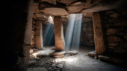Beams of Sunlight Inside Ancient Stone Chamber