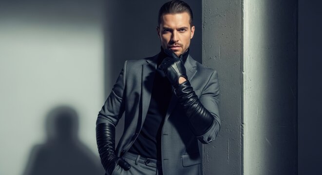 Man in a gray suit and long black gloves leaning against a wall with a contemplative expression - Powered by Adobe