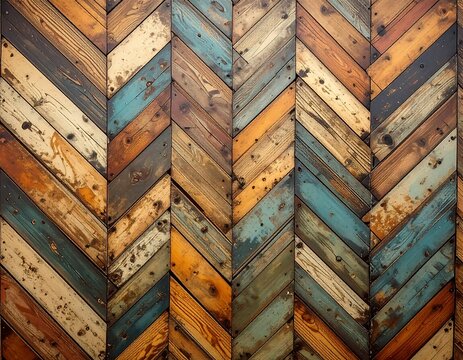 Close-up of herringbone pattern of diverse, weathered wooden planks