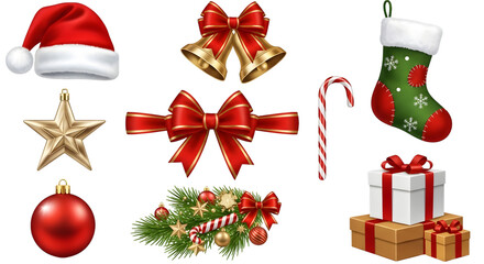 Christmas ornaments and decorations isolated on transparent background, festive season