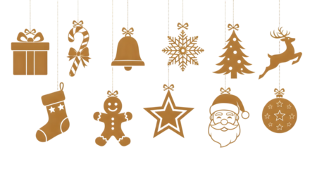 Golden christmas ornaments hanging isolated on transparent background, festive season