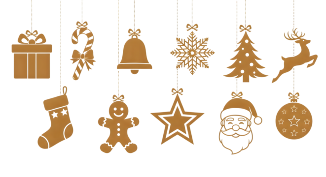 Golden christmas ornaments hanging isolated on transparent background, festive season