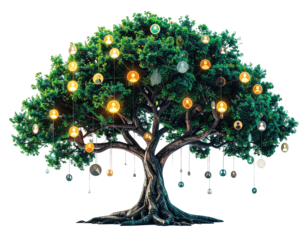 Digital illustration of a lush tree with connected avatar-like orbs suspended from its branches