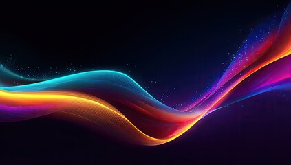 Abstract, vibrant wave design with glowing neon colors dancing across a dark background