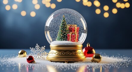 A festive snow globe featuring a miniature christmas tree and presents surrounded by snow, creating a magical holiday scene with bokeh lights
