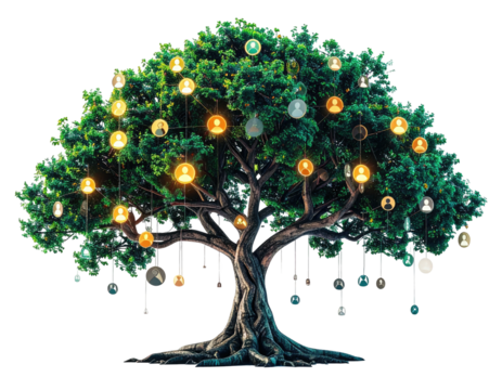 Digital illustration of a lush tree with connected avatar-like orbs suspended from its branches