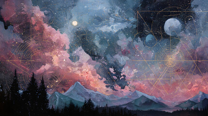 Energetic Cosmic Scene Painted in Watercolor with Stars and Geometry