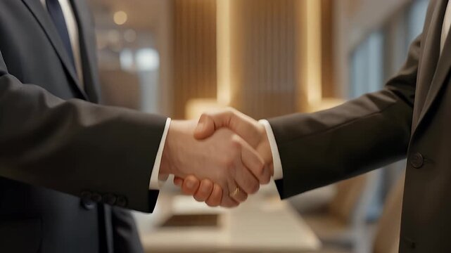 Close-up of two businessmen in formal suits shaking hands in a modern office, symbolizing a successful deal or partnership.