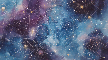 Energetic Cosmic Scene Painted in Watercolor with Stars and Geometry