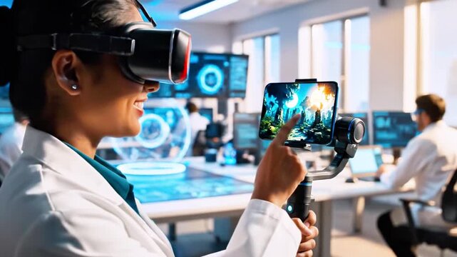 Woman using VR glasses and a phone on a gimbal in a modern lab setting
