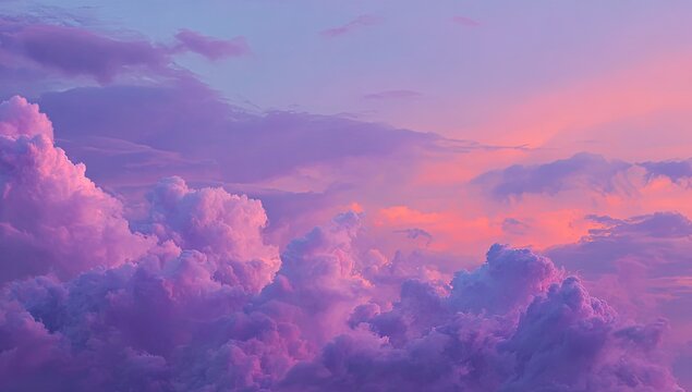 A vibrant sky at sunset, showcasing fluffy clouds painted in shades of purple and pink