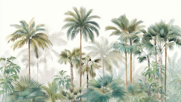 Lush artistic rendering of tropical palms, varying shades of green and soft background
