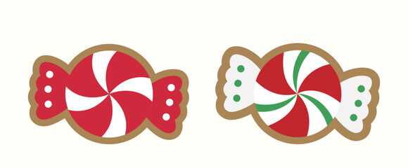 Red and white candy-shaped gingerbread cookies clipart set.
Winter Christmas party cookies.
Flat vector illustration.
White background.

