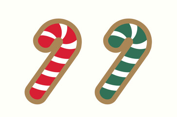 Candy cane shaped gingerbread cookie clipart set.
Winter Christmas party cookies.
Flat vector illustration.
White background.