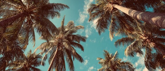 Low-angle view of several tall palm trees reaching towards a clear blue sky with wispy white clouds
