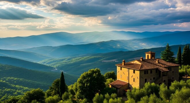 Tuscan villa overlooking rolling hills at sunset - Powered by Adobe
