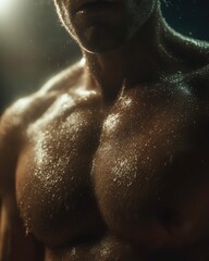Close up of a muscular male torso covered in sweat under dramatic low light