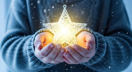 Naklejka premium A childs dream holding a glowing star in hands, symbolizing hope, wonder, and the magic of christmas in a winter wonderland setting