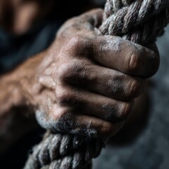 Close up of a strong chalk-covered hand gripping a thick climbing rope during training