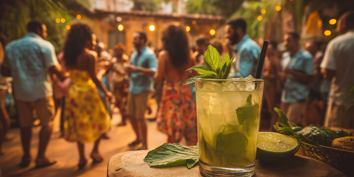 Tropical setting, background sea, cheerful people dancing to Latin rhythms, and the focus on a mojito cocktail in the center of the image - Powered by Adobe