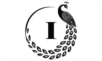 Letter I logo with a stylized peacock silhouette on bird
