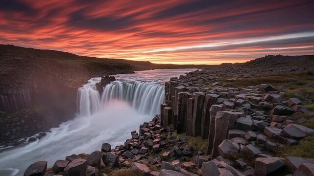 Majestic waterfall cascading over layered basalt columns, beneath a fiery sunset