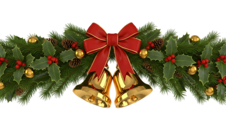 Christmas garland with bells and red bow isolated on transparent background