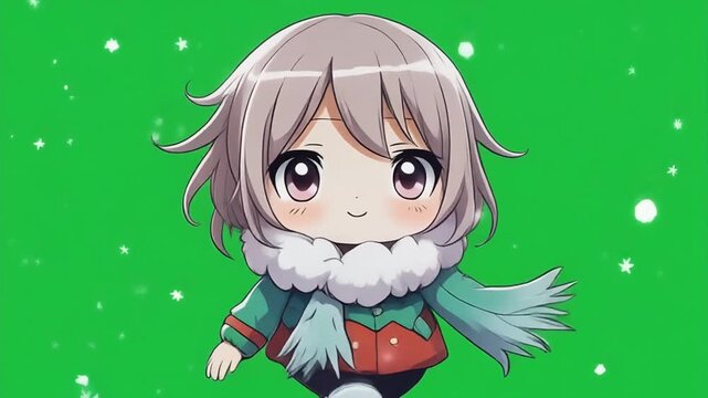 A charming chibi anime character with a fluffy scarf smiles against a vibrant green background, creating a cheerful and whimsical scene.