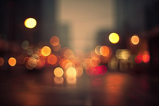 Abstract evening street scene with blurred lights, warm colors, and bokeh effect