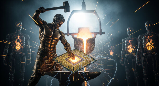 A blacksmith forges an innovative chip or processor on an anvil using photolithography technology. - Powered by Adobe
