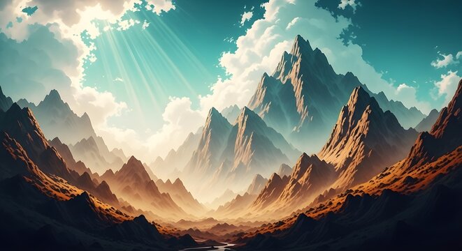 Majestic mountains with sunlight and clouds