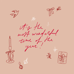 Hand written elegant delicate Christmas lettering calligraphy greeting card