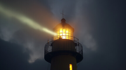 sailor. Lighthouse beam cutting through morning fog at a coastal maritime scene. travel magazines, destination branding, designed for outdoor magazines and nature guides, used by event planners.