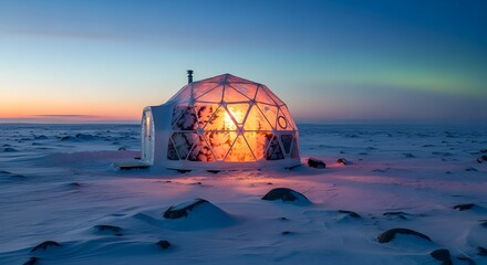 Glowing Dome Cabin in Snowy Arctic Landscape at Sunset