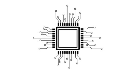 Illustration of a computer chip with connections on a white background.