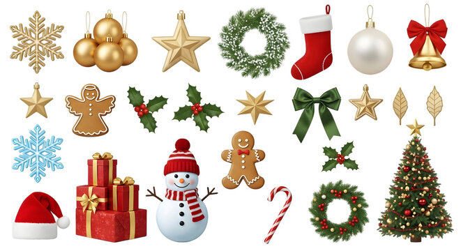 Collection of christmas ornaments isolated on transparent background for decoration