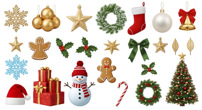 Collection of christmas ornaments isolated on transparent background for decoration
