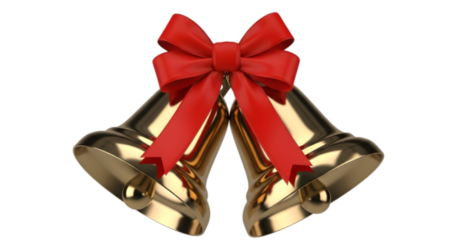 Golden christmas bells with a red bow isolated on transparent background