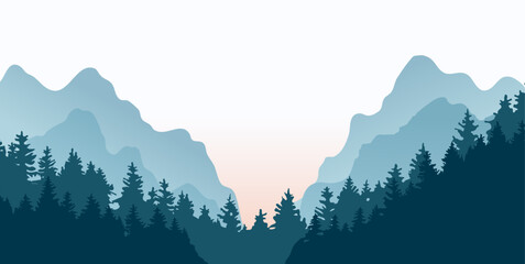Landscape panoramic vector illustration with forests and mountains. Silhouettes of trees and hills. Adventure and Travel.