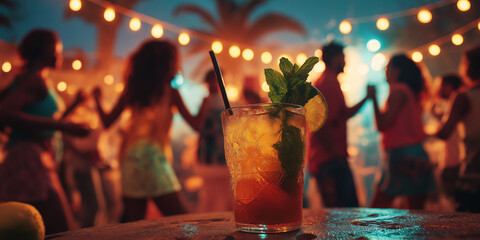 Tropical setting, background sea, cheerful people dancing to Latin rhythms, and the focus on a mojito cocktail in the center of the image