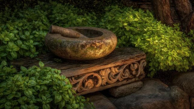 A weathered stone mortar and pestle rest atop an ornate wooden stand, amidst lush green foliage