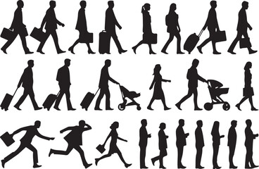 Silhouettes of diverse people walking and running in various business situations