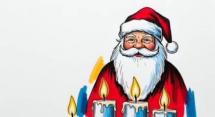 Santa Claus with festive candles on a blurred background with space for text.