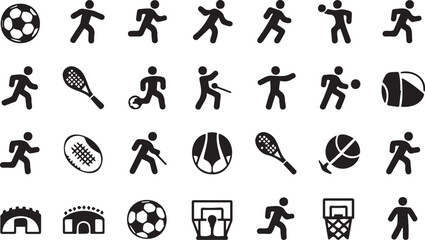 Collection of sports icons showing various activities and equipment in black