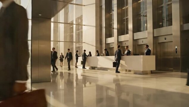 Business people walking in a modern office building with glass walls and bright light