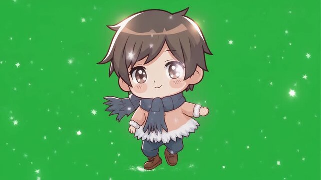An adorable anime-style boy stands smiling, wearing a scarf and coat, amidst a green background with sparkling effects.