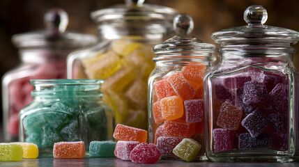 Assorted colorful gummy candy in glass jars with sugar coating